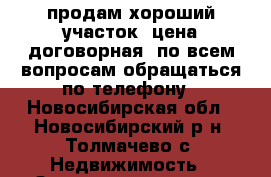 продам хороший участок, цена договорная, по всем вопросам обращаться по телефону - Новосибирская обл., Новосибирский р-н, Толмачево с. Недвижимость » Земельные участки продажа   